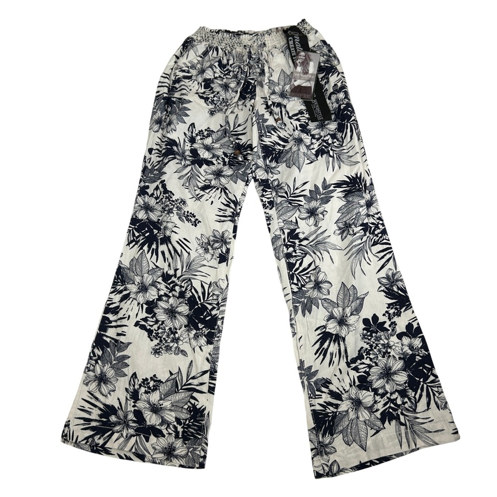 Soundstyle by Beau Dawson Linen Blend Floral Wide Leg Pants White Navy Medium